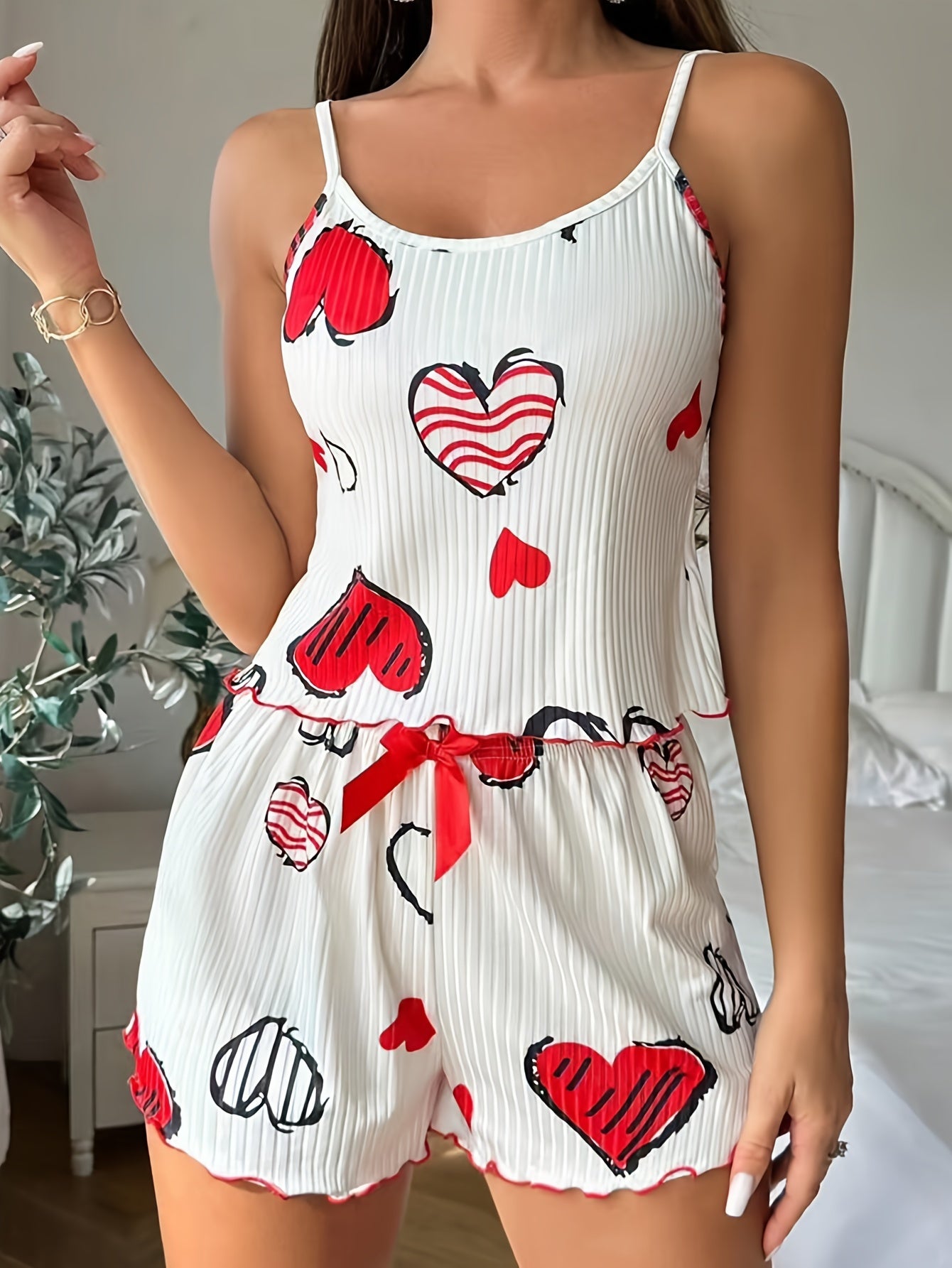 Charming Women's Heart Print Cami & Shorts Set – Cute Red & White Summer Knit Outfit with Bow Detail, Stretchy Polyester Blend